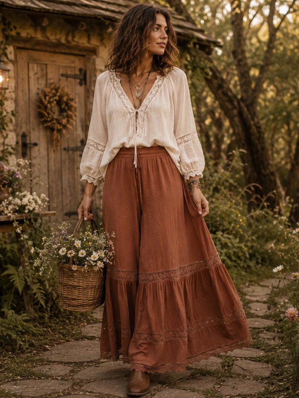 Advance Apparels Boho Tiered Palazzo Pants Lace Trim Free Size NWT Brown